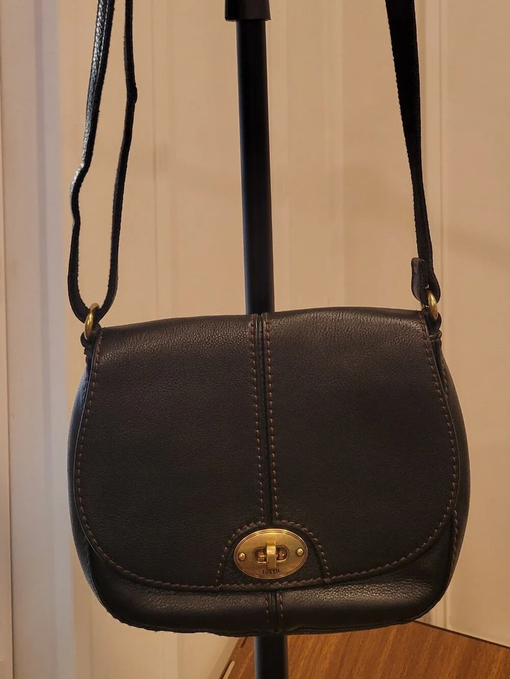 Fossil Black Leather Crossbody with Brass Turn-Lock